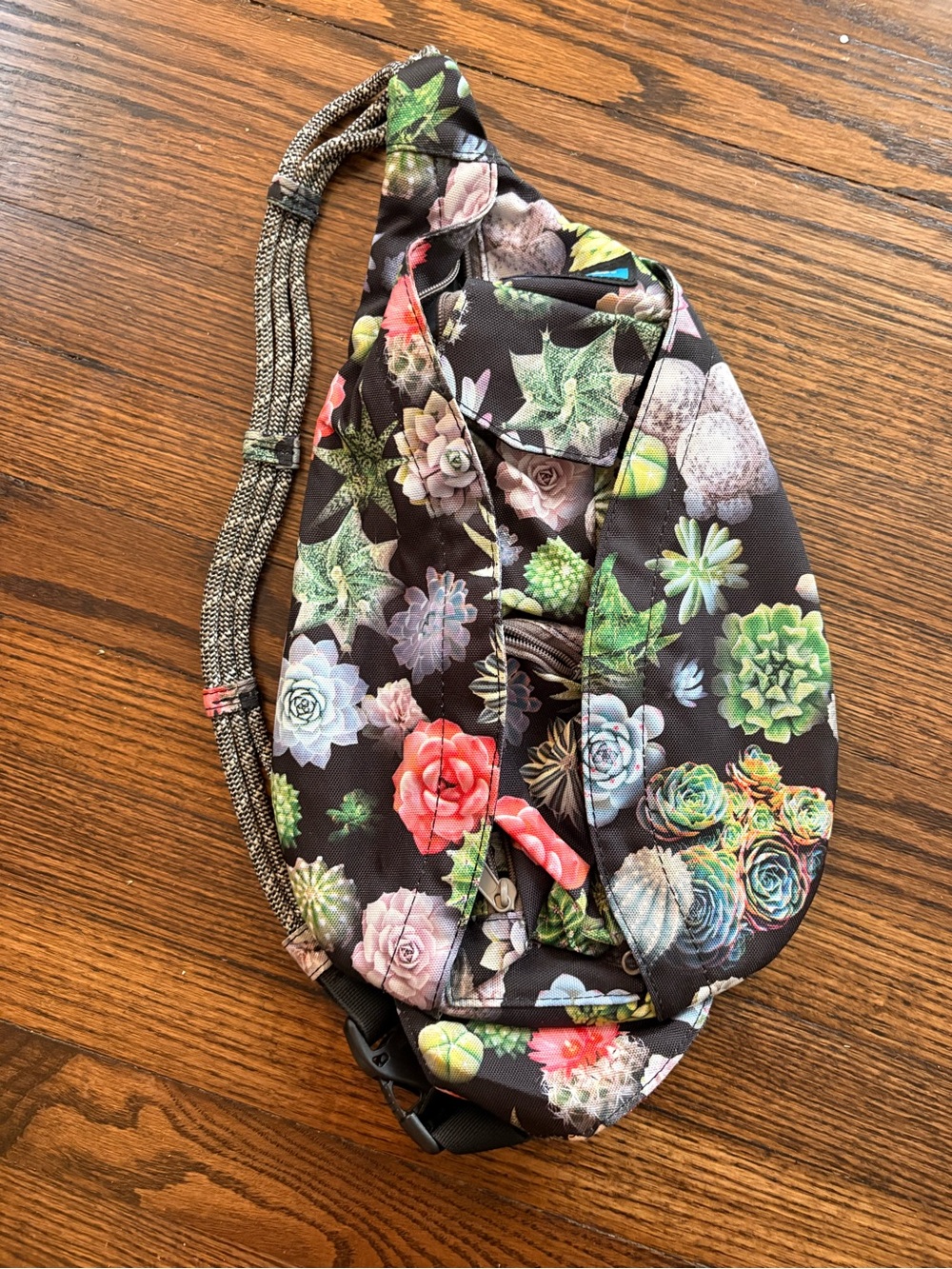 Kavu Black Succulent Floral Sling Backpack